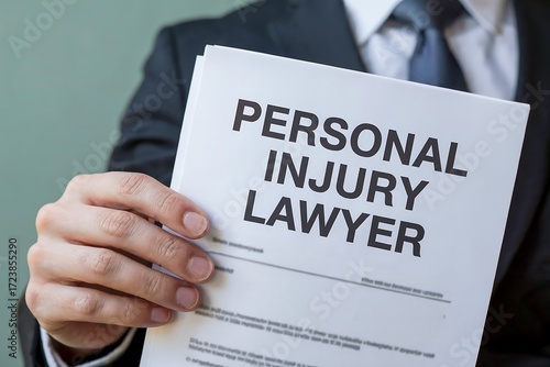 A lawyer in a suit holds a document that says personal injury lawyer in large, bold letters, offering legal representation for accident victims
