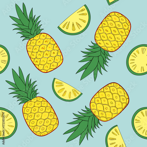 Seamless pattern with ripe tropical pineapple fruit, a fresh and sweet vector design on a white background