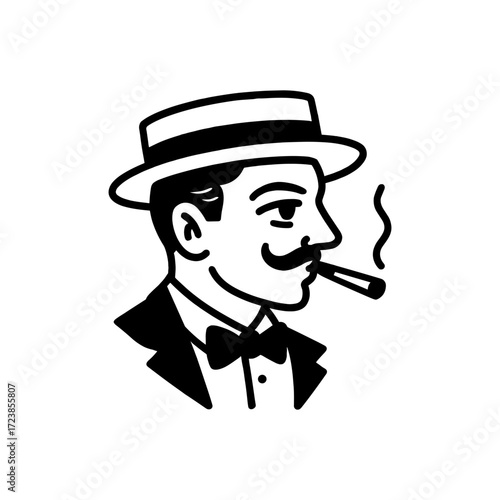 Stylish vintage illustration of an elegant gentleman wearing a classic hat and smoking a cigar, drawn in a clean retro line art style. Inspired by early 20th-century aesthetics and gentleman culture