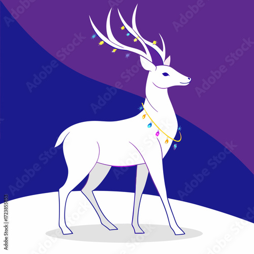Wild deer or reindeer mammal silhouette illustration with big antlers in winter forest snow for a Christmas nature design