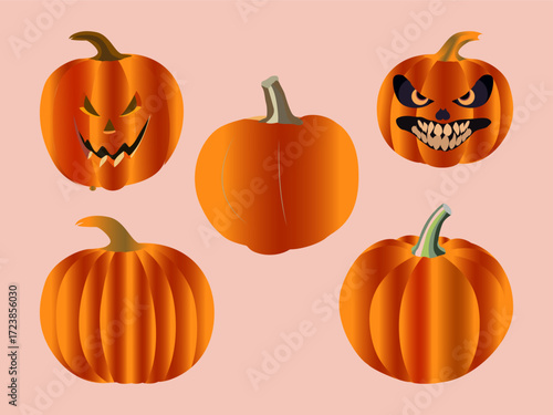 A versatile collection of five pumpkins, featuring both blank, uncarved pumpkins and spooky jack-o'-lanterns with menacing carved faces. 