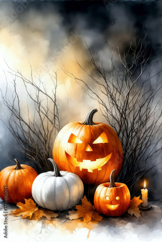Group of carved Halloween pumpkins glowing with candlelight among dry branches and smoke. Spooky haunted holiday design.