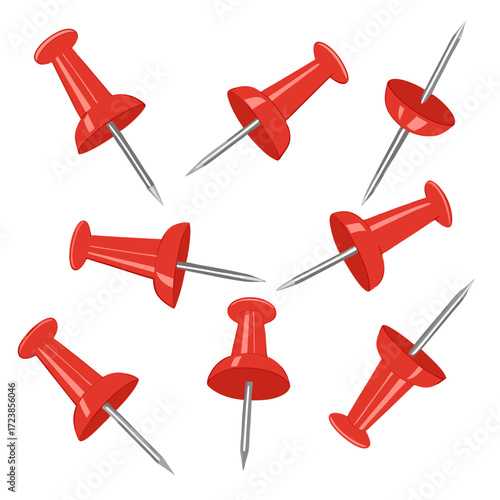 A set of colorful red, green, blue, and yellow plastic push pins and thumbtacks ready to attach a note or paper to an office board