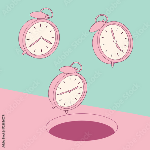 Pink vector alarm clock illustration showing it's time to wake up, a bright symbol of morning deadlines and business concept design