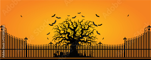 horror cemetery tree with bats halloween card