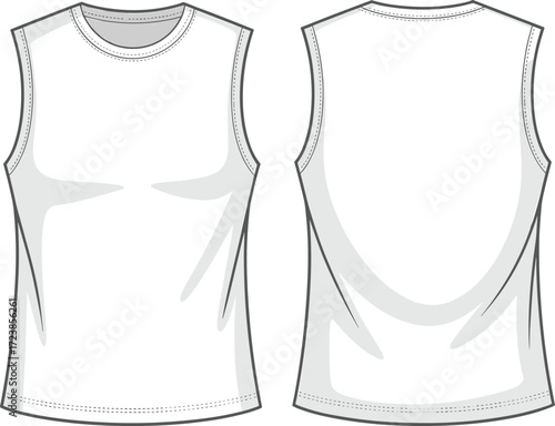 Blank sleeveless tank top fashion flat sketch, front and back view, apparel design template, vector illustration, unisex casual clothing mockup