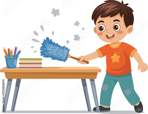 Happy boy cleaning table with duster, cartoon child doing household chores, helping at home, cleanliness, hygiene, responsibility, kids illustration