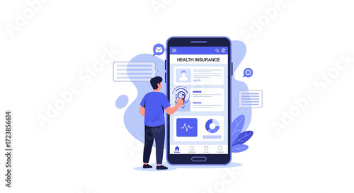 Digital health insurance mobile app illustration showing user interacting with smartphone interface