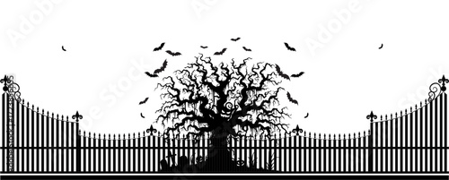 cemetery tree and cemetery gates for halloween decoration