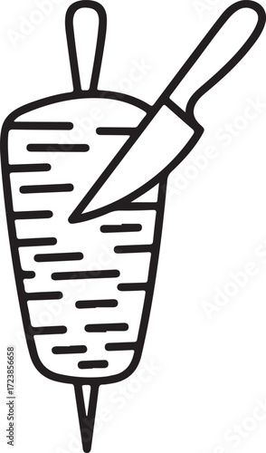 Hand drawn illustration of a rotating meat skewer with a knife slicing meat