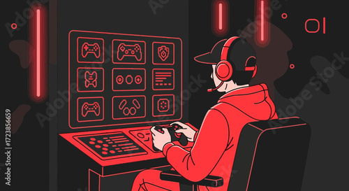 Digital realm immersion gamer in a vibrant gaming setup illuminated by neon lights displaying