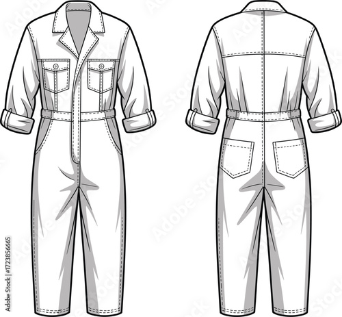 Long sleeve jumpsuit coverall fashion flat sketch, front and back view, vector template, casual workwear design outline, utility apparel illustration