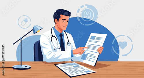 Doctor analyzing patient records, healthcare professional reviewing medical information in office
