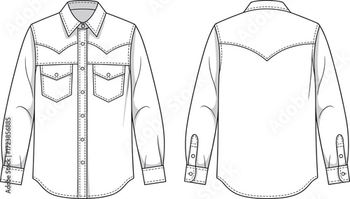 Vector shirt fashion flat sketch template, men long sleeve western shirt design front and back view, clothing pattern, garment outline illustration