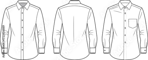 Vector shirt fashion flat sketch template, men long sleeve button down shirt design front back view, clothing pattern, garment outline illustration