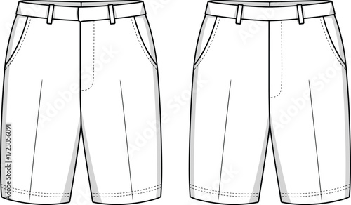 Vector shorts fashion flat sketch template, men casual shorts design front and back view, clothing pattern, apparel outline, garment illustration