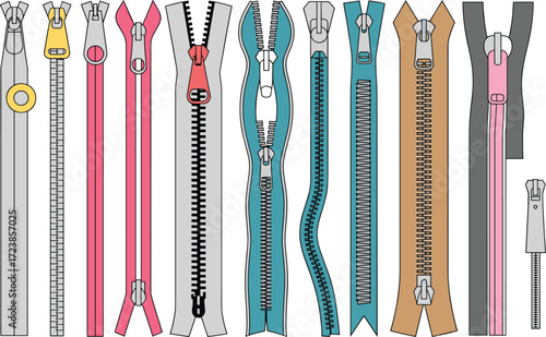Zipper collection vector set with colorful designs, garment closure accessory, sewing tool, fashion detail, clothing fastener, textile illustration