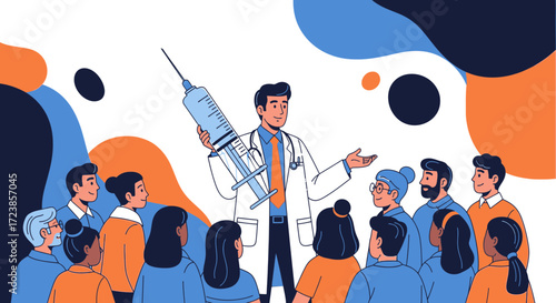 Doctor presenting a vaccine, vaccination campaign for the community, promoting healthcare, public