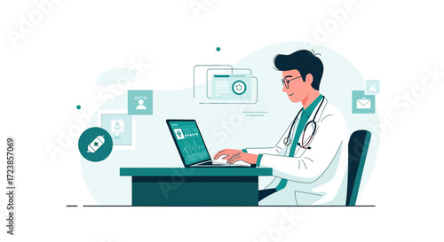 Doctor using laptop for online consultation and managing patient records efficiently