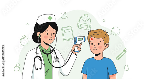 Doctor using non-contact infrared thermometer checking temperature of a young boy with a spot on