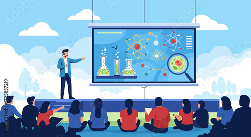 Educational science presentation with students and teacher demonstrating atoms and cells on a screen