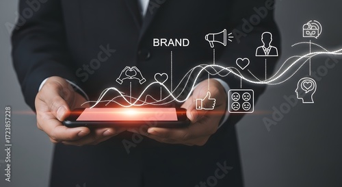 Businessman holding a smartphone displaying a digital marketing strategy with brand growth and customer engagement icons