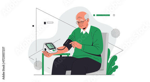 Elderly man checking his blood pressure at home maintaining health and wellness routine