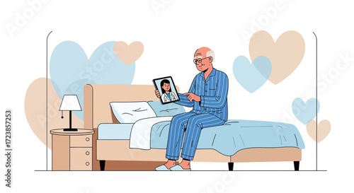 Elderly man using tablet for virtual doctor visit in bedroom setting surrounded by love
