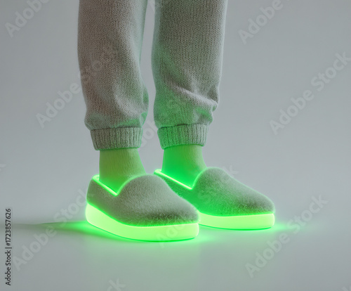 Bright neon green illuminated slippers on relaxed feet in soft loungewear