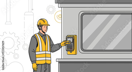 Factory Worker Using Card Reader for Access Control Security System at Industrial Facility