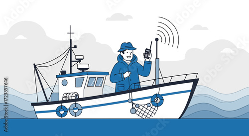 Fisherman with radio communication on the boat navigating maritime waters with communication
