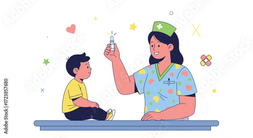Friendly Nurse Administering Vaccine to a Young Boy in a Bright and Cheerful Setting