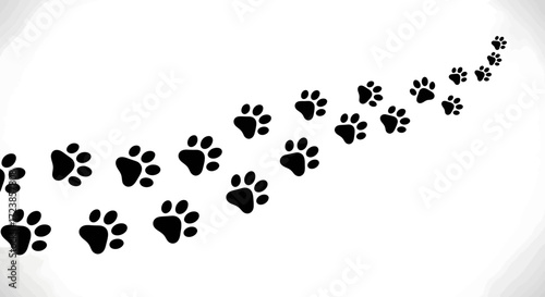 A trail of black animal paw prints curving and receding into the distance on a plain white background.