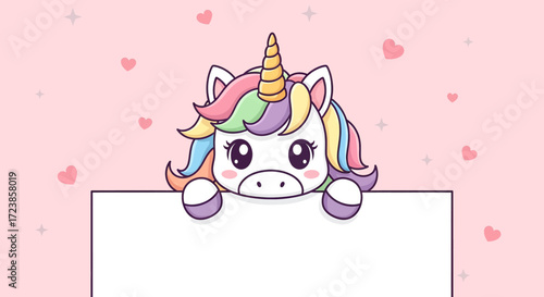 Cute cartoon unicorn with rainbow mane and golden horn peeking over a blank white sign on a pink background with hearts and sparkles.