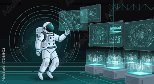 Futuristic astronaut interacting with holographic data displays in a space station environment