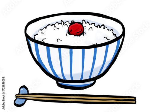 梅干しごはんと箸のイラスト （筆タッチ） シンプル 朝食 / Steamed Rice with Pickled Plum, Hand-painted Style