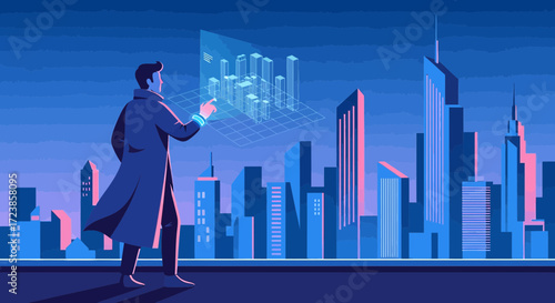 Futuristic city planning concept with a man interacting with holographic architecture interface
