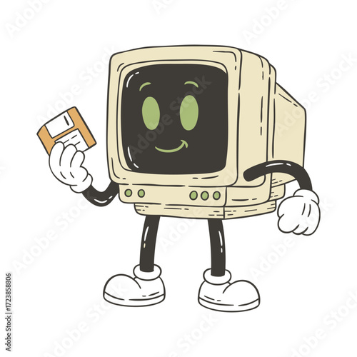 Retro Doodle Cartoon of Computer Character Holding Floppy Disk