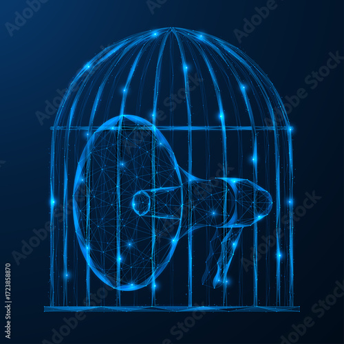 Digital censorship. The speaker is enclosed in a cage. The concept of restriction of freedom of speech, suppression of voice and control of information. Polygonal design, blue background.