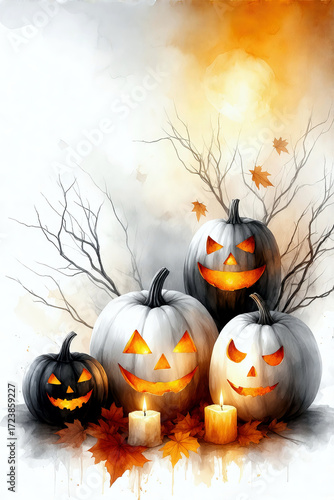 Group of carved Halloween pumpkins glowing with candlelight among dry branches and smoke. Spooky haunted holiday design.