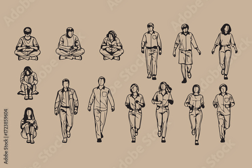 Collection of hand drawn figures in various poses and outfits