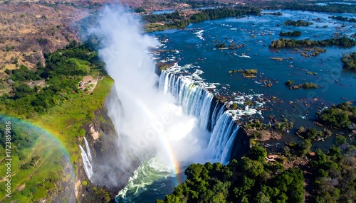 Majestic aerial view showcases a massive waterfall cascading into a lush landscape, complete with a stunning rainbow