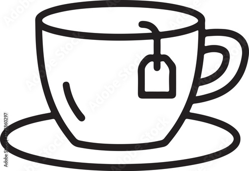 Simple line art illustration of a teacup with a tea bag and saucer