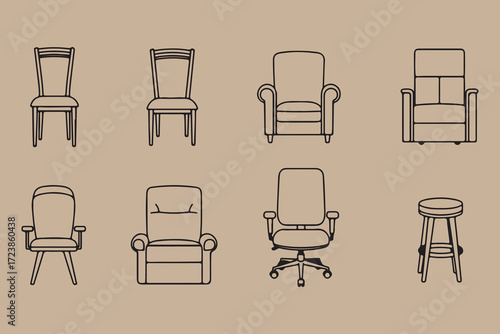 Collection of hand drawn chairs in various styles on a textured background