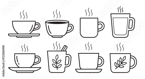 Collection of hand drawn hot coffee cups with steam icons