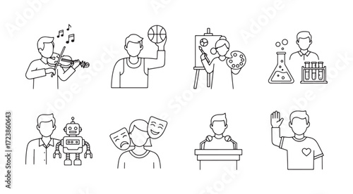 Hand drawn line art people icons celebrating and working together
