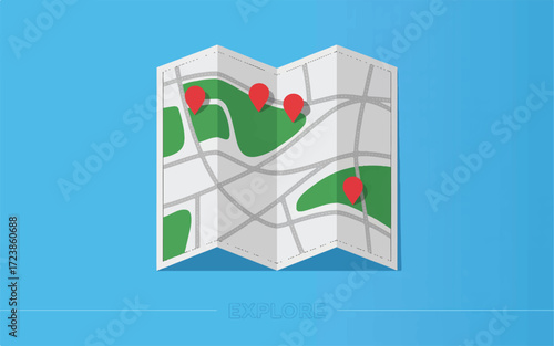 Folded Paper Map with Red Location Pins on Blue Background with Text Explore folded map navigation