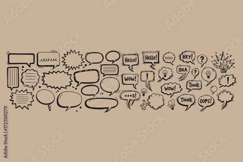 Collection of hand drawn speech bubbles and thought bubbles with various designs
