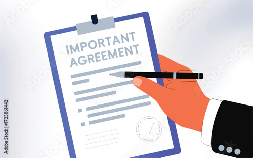 Hand in Suit Holding Pen Over Document Titled Important Agreement contract paper