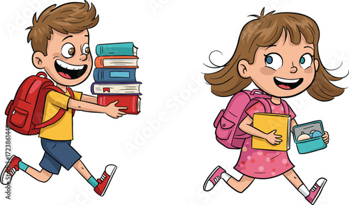 Cartoon illustration of happy boy and girl running to school with backpacks, books, lunchbox, education concept, children vector design